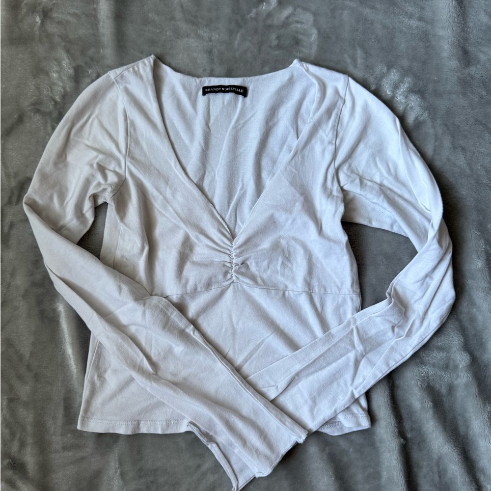 Brandy Melville White V-Neck Long Sleeve Top